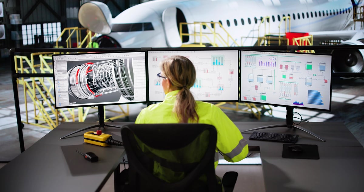 Aircraft maintenance and repair 3D software displayed on a computer in a modern aviation operations center