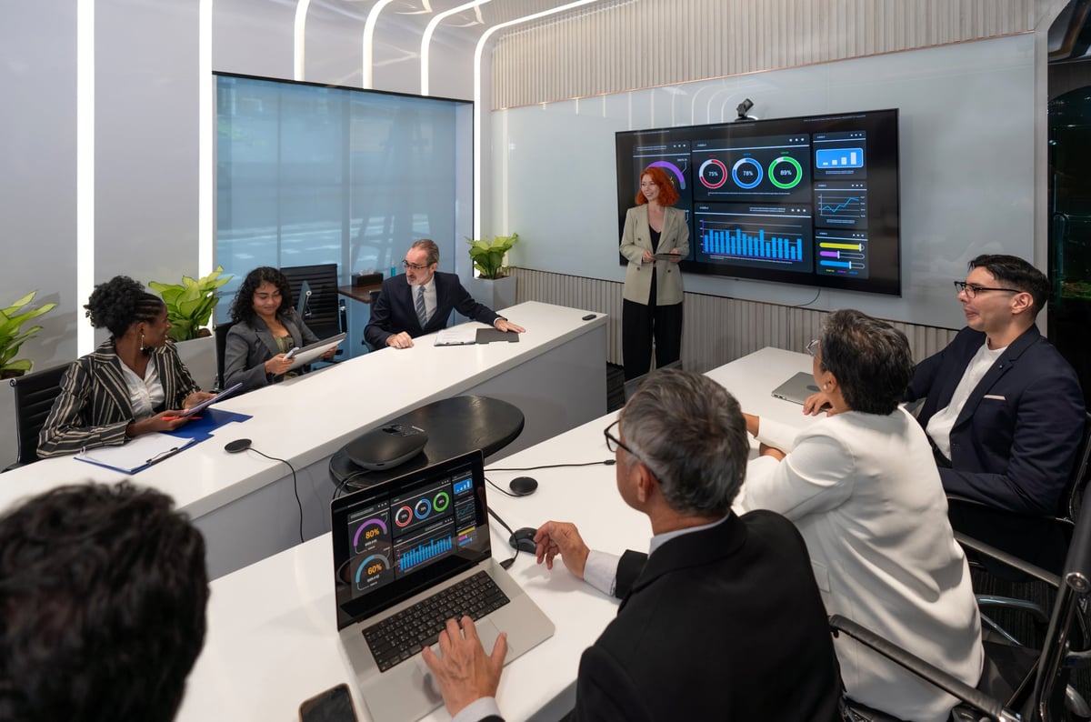 Executive briefing room with digital dashboards showing aircraft utilization, operating costs, and safety KPIs while a business jet is visible through the window